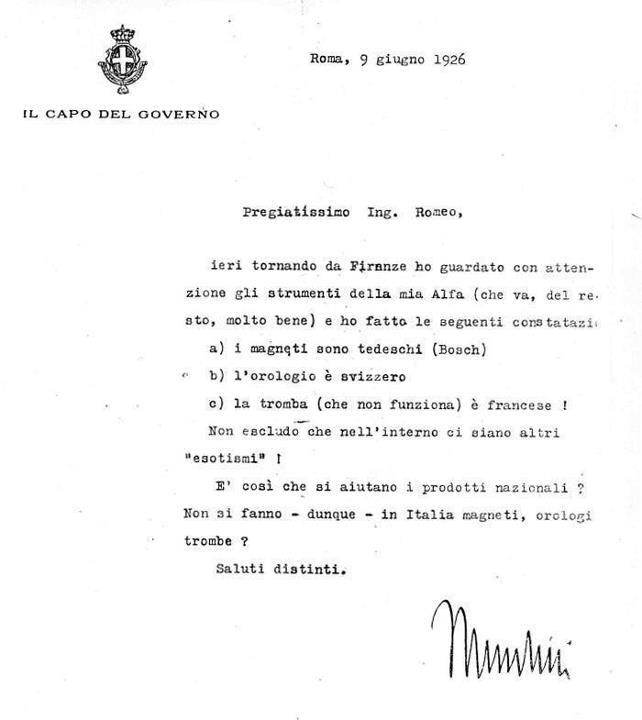 Lettera di Benito Mussolini all'ing Romeo - 1926 